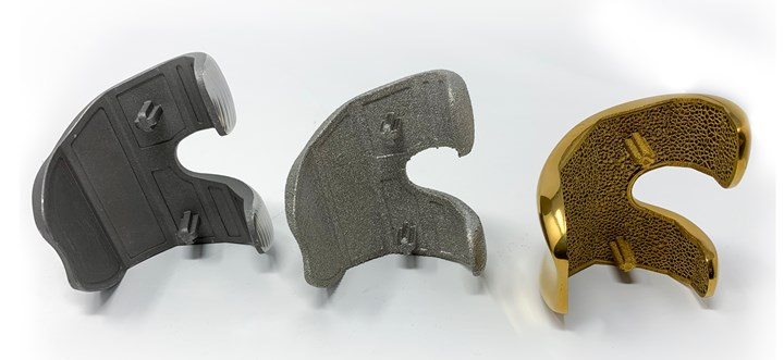 Moving from cast and machined knee implants (left) to metal 3D printed ones (center, right) has allowed Amplify Additive to implement new design features like trabecular lattice and prove out designs more quickly.