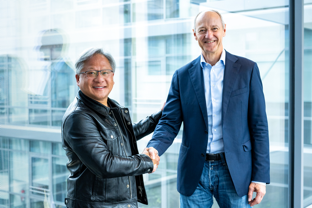 Roland Busch (Right), CEO, Siemens AG and Jensen Huang, Founder & CEO, Nvidia at the launch event of the Siemens Xcelerator