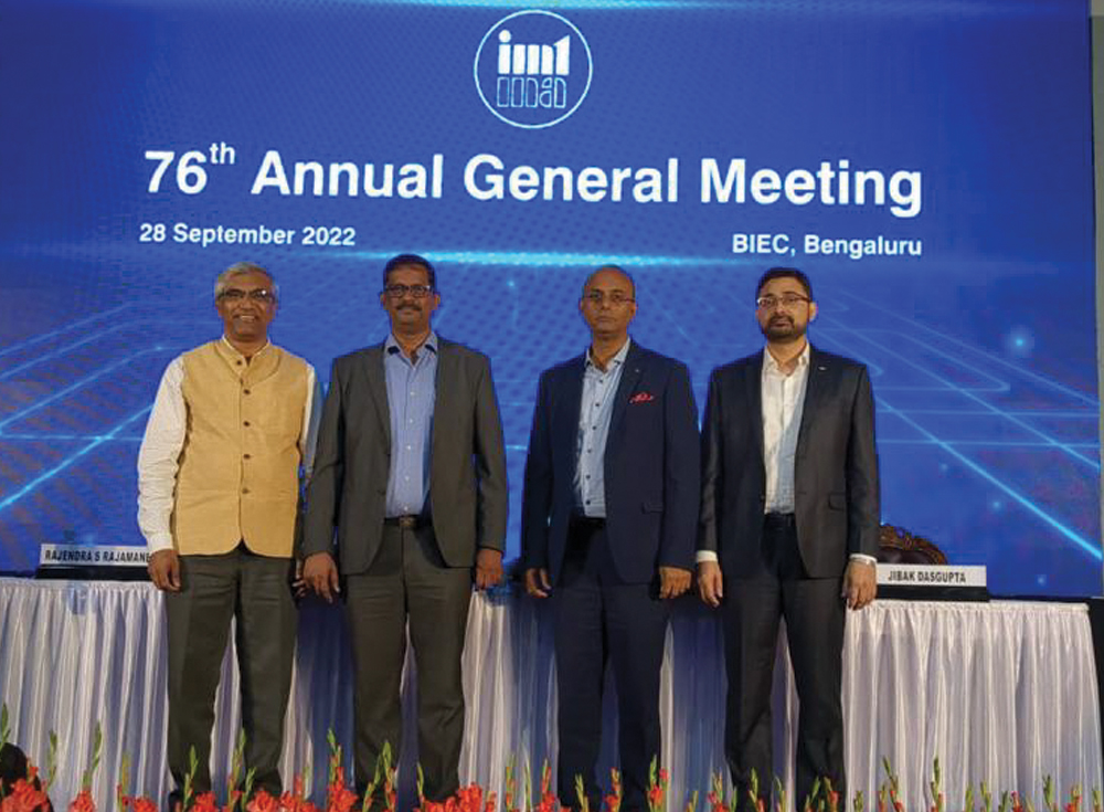 L-R: Rajendra Rajamane, Vice-President, IMTMA; Prof (Dr) NR Bhanumurthy, Vice Chancellor, Dr. B. R. Ambedkar School of Economics University;  Ravi Raghavan, President, IMTMA; and Jibak Dasgupta, DG & CEO, IMTMA, at the 76th AGM.