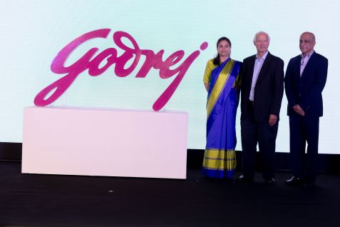 Nyrika Holkar, Executive Director, Jamshyd Godrej, Chairman & Managing Director and Anil Verma, CEO & Executive Director, Godrej Enterprises Group revealing the new logo