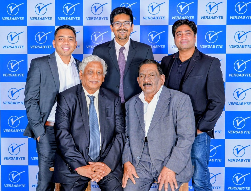 (L-R: Standing) Sanlayan Co-founders Abhijit Kothawale (COO), Rohan Gala (CEO) and Rahul Vamsidhar (CBO) with (L-R Sitting) Versabyte Data System’s R. Chandra Kumar (C