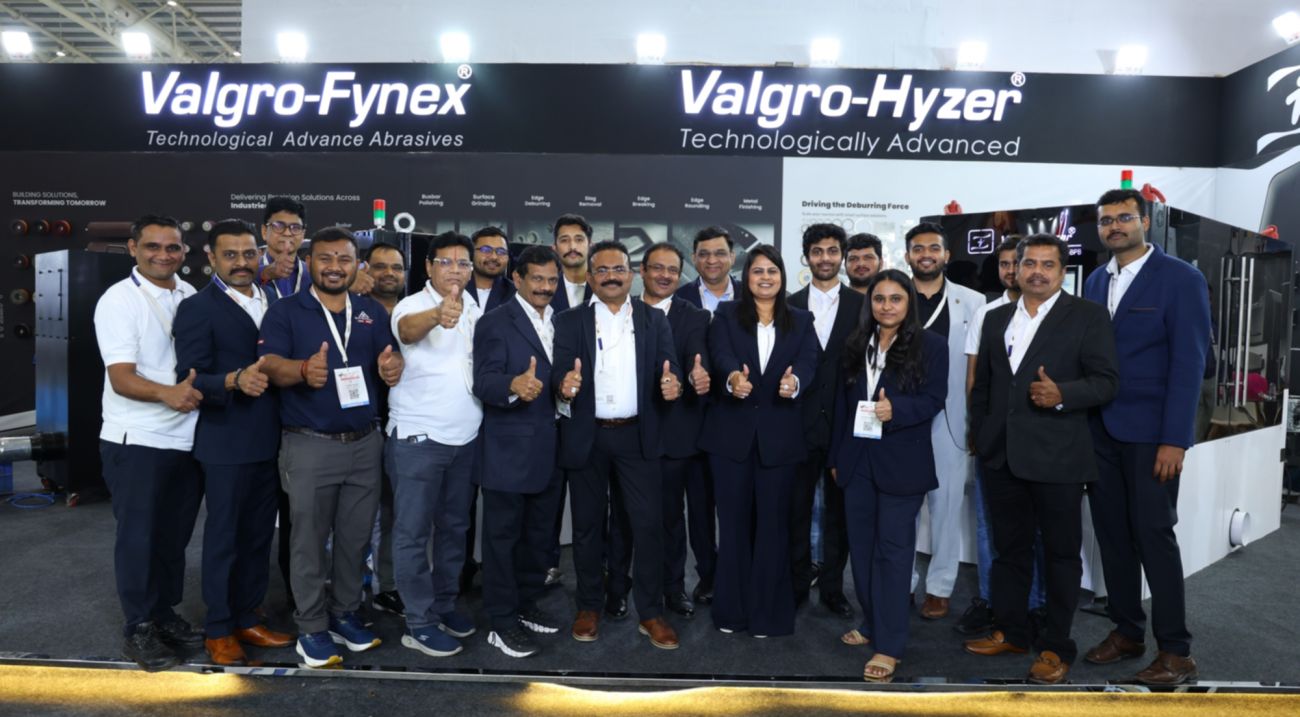 Dr Arvind Patel, Metal Finishing Industry Expert, Valgro India Ltd in the centre along with Team at IMTEX FORMING 2026