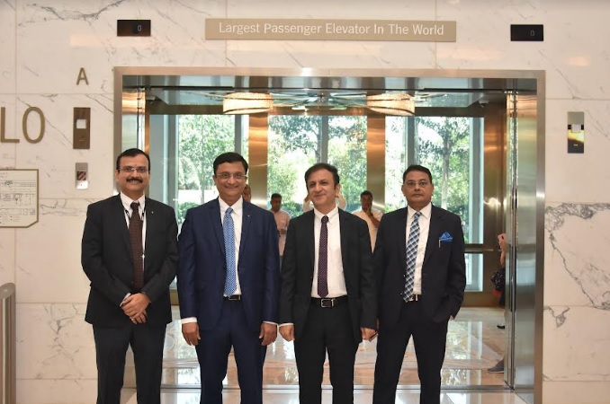 L to R: Ambarish Jondhale, RD-West, KONE India; Rajesh Bywar, Director, New Business and Major Projects, KONE India; Amit Gossain, Managing Director, KONE India; and Rajmal Nahar, President-Real Estate, RIL
