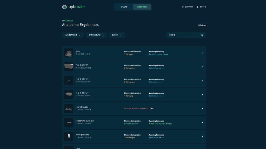  The uploaded sheet metal part is always the focal point of the App. At each subsequent step, users can transparently track their part.