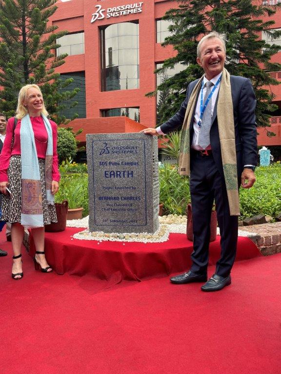 Bernard Charles, CEO and Vice Chairman, Dassault Systemes and Florence Verzelen, EVP Industry, Marketing, & Sustainability, Dassault Systemes unveiled the foundation stone of EARTH tower in Pune