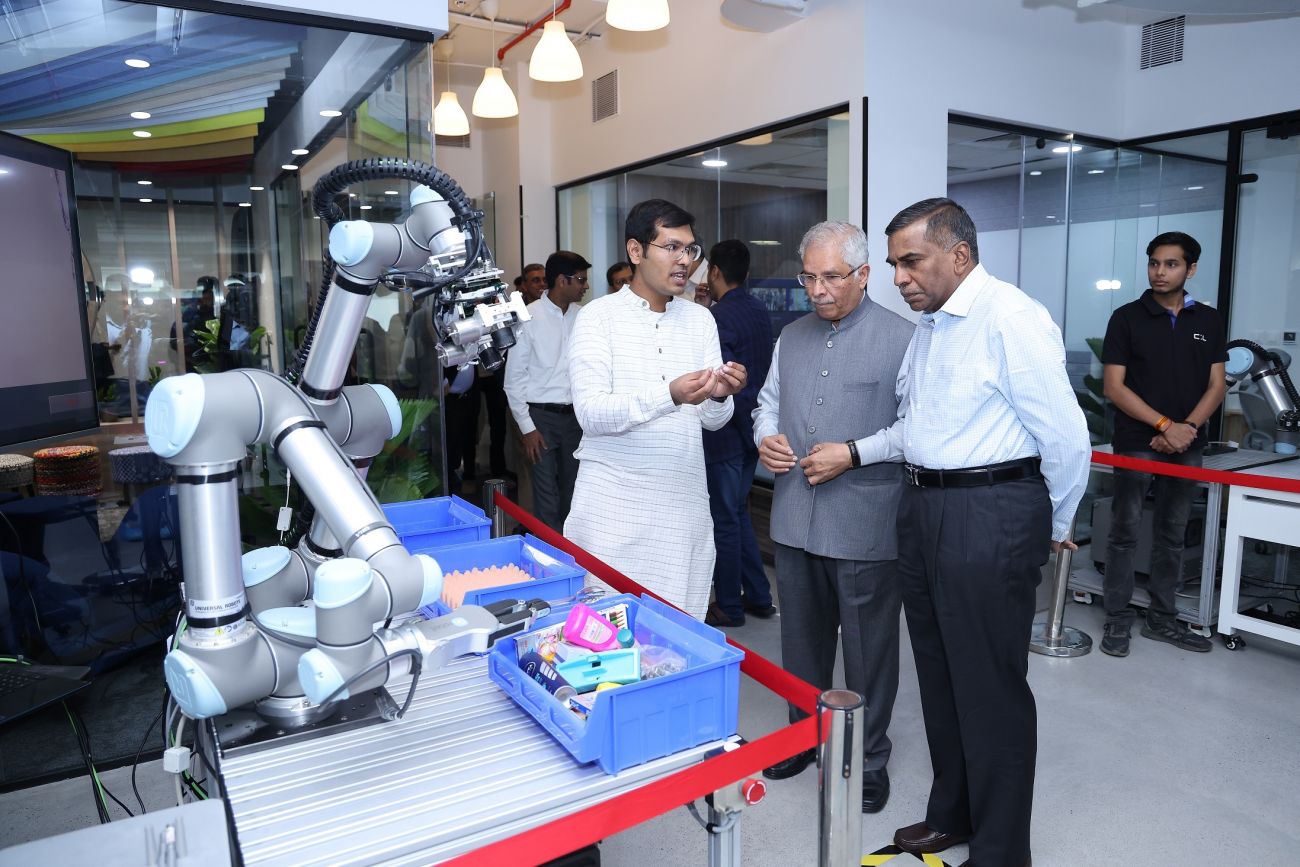  Gokul N A, Founder-Design, Product & Brand, Cybernetics Laboratory. Robots with Visual Object Intelligence, CynLr; SG Shirgurkar, Founder, Ace Micromatic Group and Murugappan MM, Executive Chairman, Murugappa Group at the company’s new Research Center.