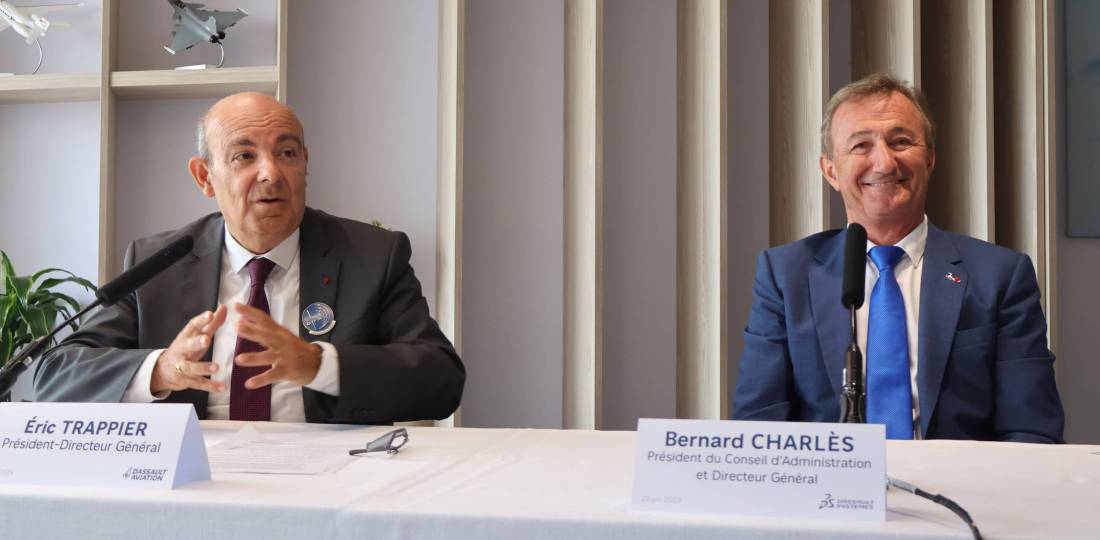  Caption: L-R: Eric Trappier, President & CEO, Dassault Aviation and Bernard Charles, President & CEO, Dassault Systèmes talking about their work on a secure cloud system at Paris Airshow Press Conference.